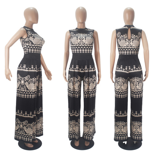 Fashion Pattern Printed Sleeveless Rompers + Wide Leg Pants Set