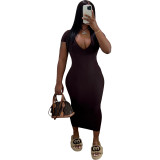 Solid Color Casual Deep V Pit Mid Dresses
