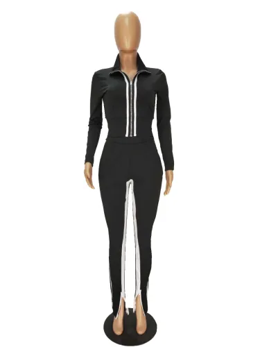 Autumn Winter Black Color Matching Zipper High Collar Blouse and Split Zip Trousers