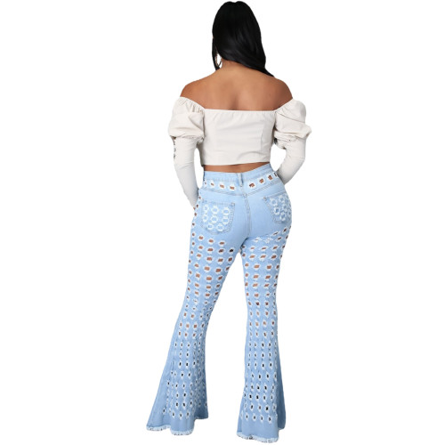 Washed Holes Denim Flared Pants