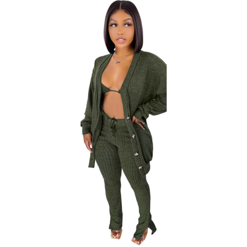 Women 3 Piece Sets Sexy Lingerie Lounge Wear Set Olive Green Pyjamas Female Nightwear Cardigan Sleepwear