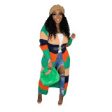 Casual Color Contrast Hand Knitted Long Cardigan Sweater