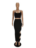 Solid Color Straps Crop Top and Holes Long Skirt