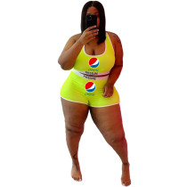 Green Plus Size Fashion Printed Letter Sports Two Piece Vest Shorts Set