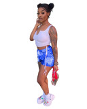 Casual Printed Drawstring Vest Crop Top and Patchwork Short