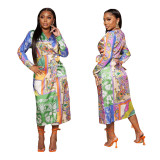 Women's Long Sleeve V Neck Floral Print Wrap Knot Side Asymmetrical Dress