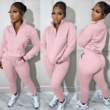 Casual High Neck Long Sleeve Zippered Solid Color Sweatshirt 2 Pieces with Pockets