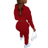 Red Cotton Fleece Drawstring Jogging Tracksuit Hollow Hoodie Blouse Pants Set and Vest