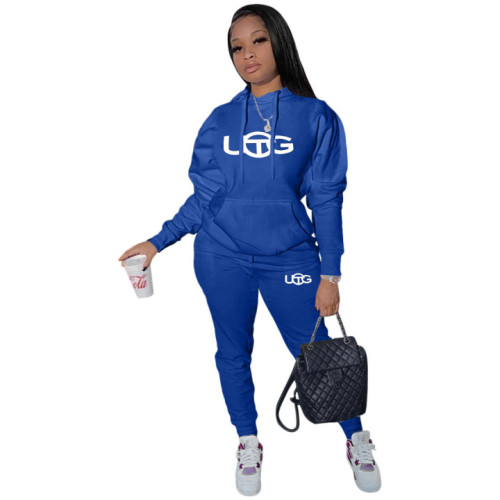 Casual Blue Two Piece Printed Twill Sweatshirt Sports Hoodie Pant Set