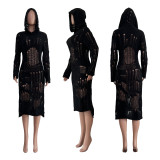 Sexy Hollow Out Hole Sweater Dress Fall Solid Color Hoodie Midi Women Knit Dress