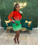 Autumn Knit Color Contrast Patchwork Long Sleeve Crop Top And Skirt Sets Female Matching Set