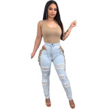 Sexy Eyelet Lace-up Washed Ripped Casual Skinny Stretch Jeans
