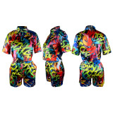 Casual Imitation Silk Printed Shirt Trousers Two Piece With Pockets