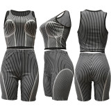 Fashion Striped Print Sleeveless Sports Crop Top and Shorts