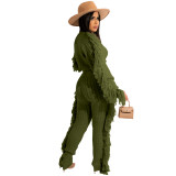 Winter Clothing Casual Army Green Tassels Sweater Crop Top and Pants 2PC Knit Tracksuit Set