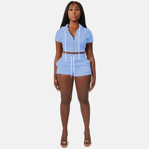 Solid Light Blue Zipper Cardigan Hooded Cropped Two-Piece Short Summer Set