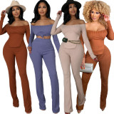 Spring Autumn Brown Ribbed Off Shoulder Cutout Top & Flared Pants Set