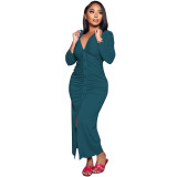 Solid Color V Neck Ruched Maxi Dress