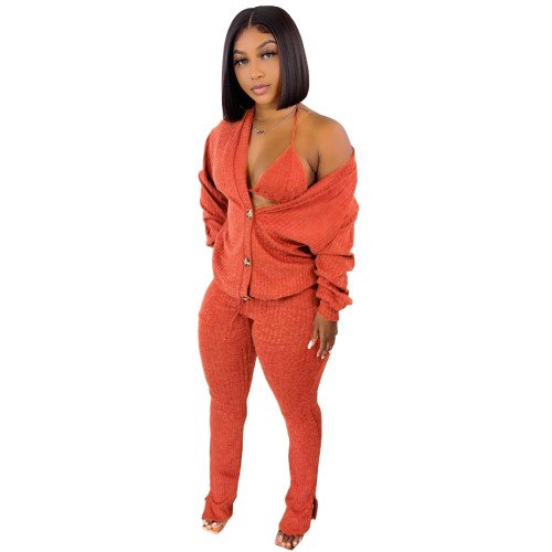 Women 3 Piece Sets Sexy Lingerie Lounge Wear Set Orange Pyjamas Female Nightwear Cardigan Sleepwear