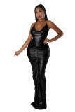Solid Color Deep V Halter Stacked Maxi Dresses