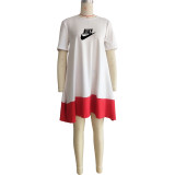 Summer Printed Short Sleeve O Neck Color-block Pleated Dress with Pockets