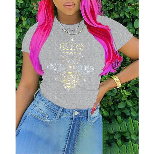 Casual Grey O Neck Crown Ant Hot Drill T-shirt Tops