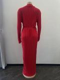Elegant Lady Casual Split Dress V Neck Long Sleeve Fall Winter Sexy Women Maxi Pleated Dresses