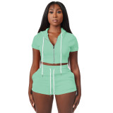 Solid Dark Emerald Zipper Cardigan Hooded Cropped Two-Piece Short Summer Set