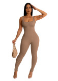 Solid Color Ribbed Sleeveless Square Neck Backless Tank Jumpsuit
