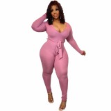 Pink Elegant Knitted Ribbed Pencil Long Sleeve Jumpsuit Office Lady V-neck with Sashes High Waist One Piece Overall Playsuits