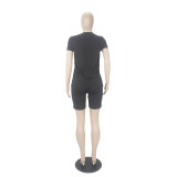 Fashion Solid Color V Neck Short Sleeve Shorts Set