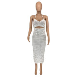 Solid Color Halter Pleated Long Dress
