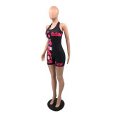 Streetwear Sexy Hot Tight High Elastic Fashion Printed Halter Neck Shorts Rompers