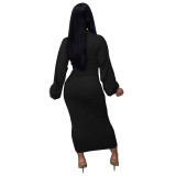 Ruched Lantern Sleeve Zip Front Bodycon Dress