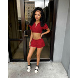 Casual Solid Color Piled Sleeves Crop Shirt Shorts Set
