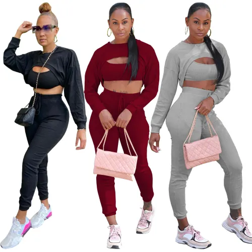 Sportswear 3 Piece Pants Sets Solid Ribbed Pit Track Jogging Sets