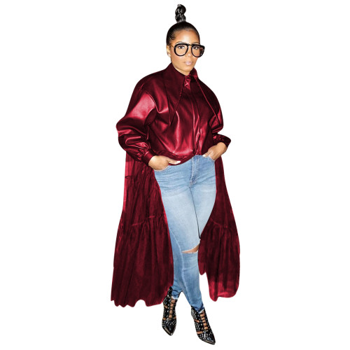 Wine Red Winter Women's Wear Big Collar PU leather Coat with Mesh Leather Jacket