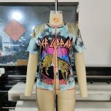 Casual Fashion Print Tassel Slit Short Sleeve Shirt Top