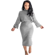 Solid Color High Neck Embroidery Sweater Skirt Set