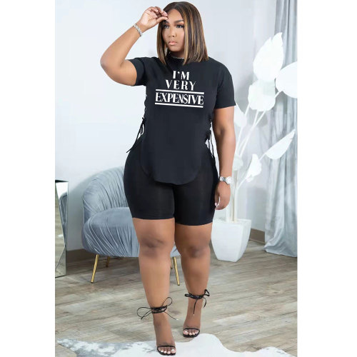 Casual Black Letter Print Slit Eyelet Lace Up O Neck Short Sleeve Tracksuit Shorts Set