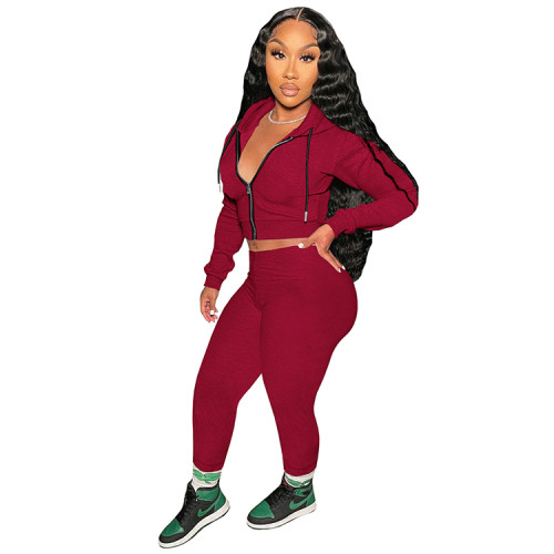 Autumn Solid Color Wine Red Hooded Sweatsuit Sportswear Pant Set