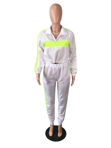 Casual White Color Matching Zipper Lapel Running Sweatshirt Pants Set