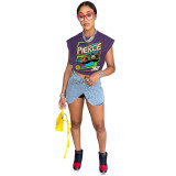 Casual Purple Cool Racing Print Bandage Hollowed Out Split Joint O Neck T-Shirts