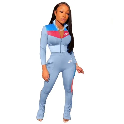 Casual Sky Blue Printed Letter Stand-up Collar Zipper Cardigan Top and Trousers