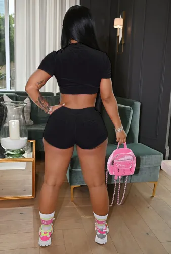 Women 2021 Black Velvet Zipper Crop Top and Short Set