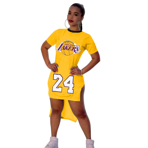 Casual Pattern Printed Short Sleeve Tuxedo Split Party Dress Basketball Cheerleaders