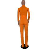 Solid Color Turn-down Neck Sports 2 Piece Set