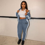 Casual Stripe Zip Up Printed Sweatshirt & Drawstring Pants Set Without Tank Top
