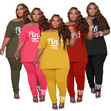 Casual Print Letter Plus Size Short Set