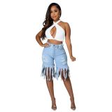 Spring Casual Solid Color Tassel Frayed Midi Jeans